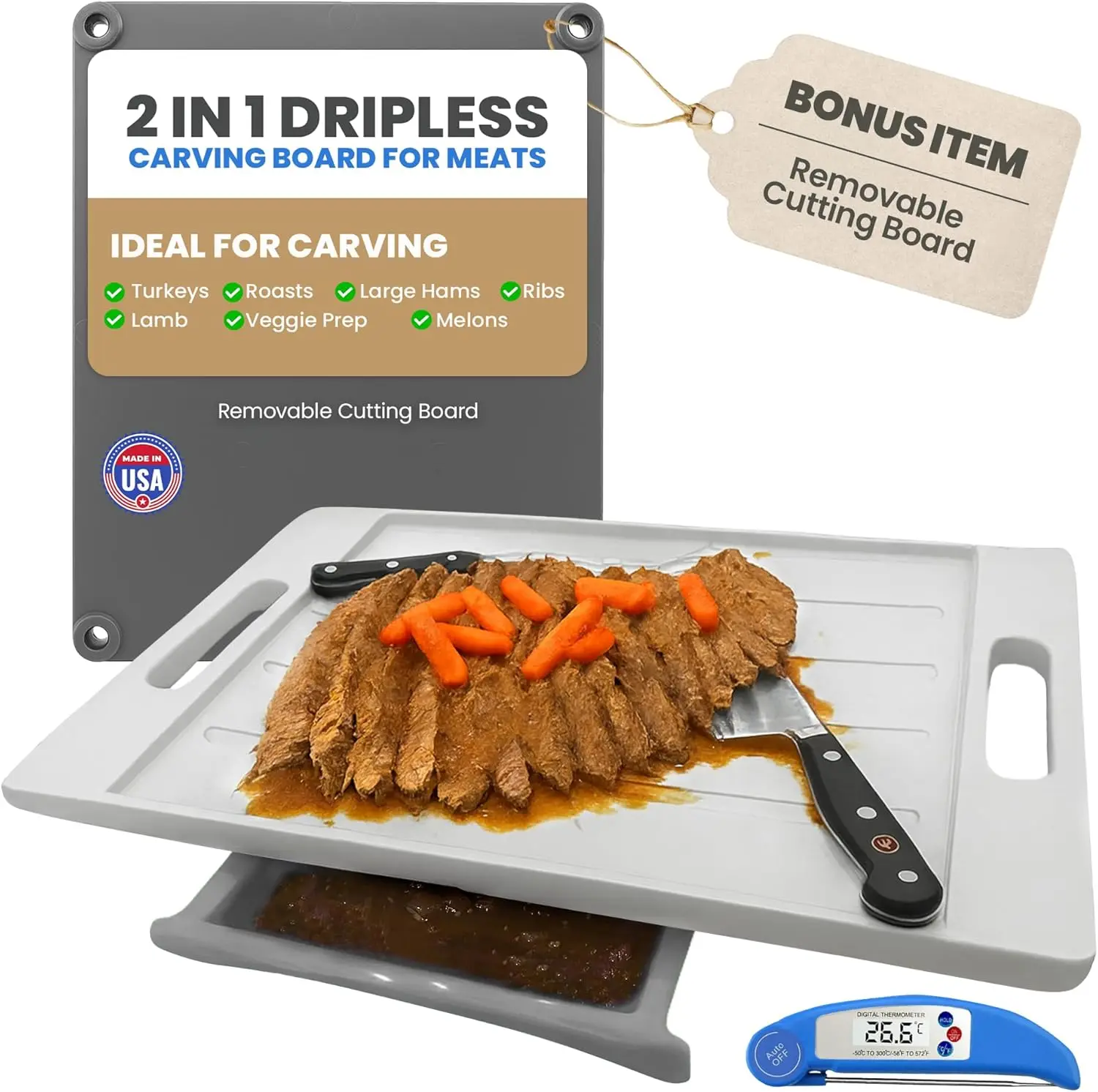 

Большая разделочная доска - XL-система для приготовления еды класса Deluxe с термометром для мяса, желобком для сока, шипами, поддоном для сбора капель и съемной чашей без BPA