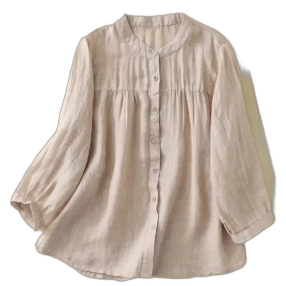 Women's Linen Cotton Blouse - Stand Collar 3/4 Sleeve Loose Fit Casual Shirt