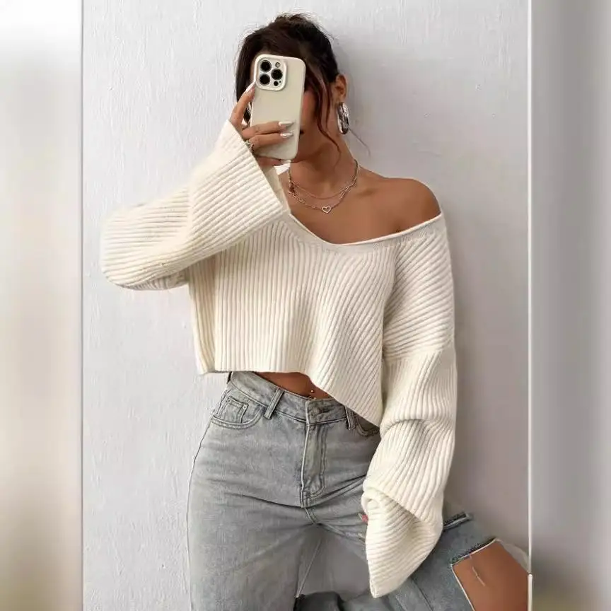 

oulder Drop ort Crop Knit Sweater Women's Regular Fit Medium Thi Pure Color European Sle Casual Faion Sweater