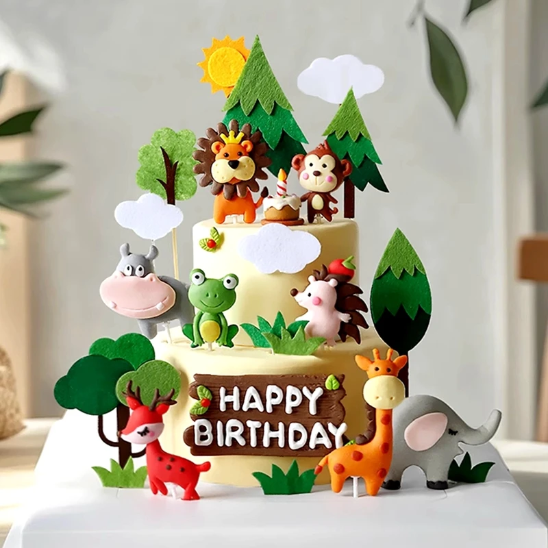 Waldtier Kuchen Topper Dschungel Geburtstagstorte Puppe Geschenk Wild Geburtstag Party Grünes Blatt Gras Kuchen Dekoration Kinder Babyparty