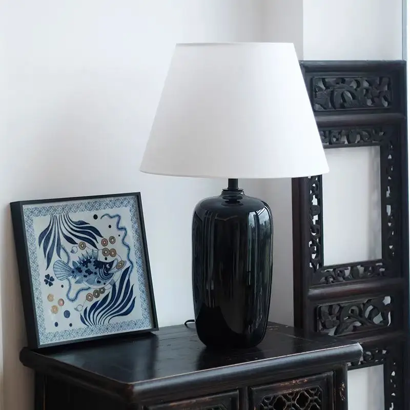Shiny Black Handmade Ceramic Floor Lamps Vintage New Chinese Style Living Room Bedroom Bedsides Homestay Decorative Table Lights