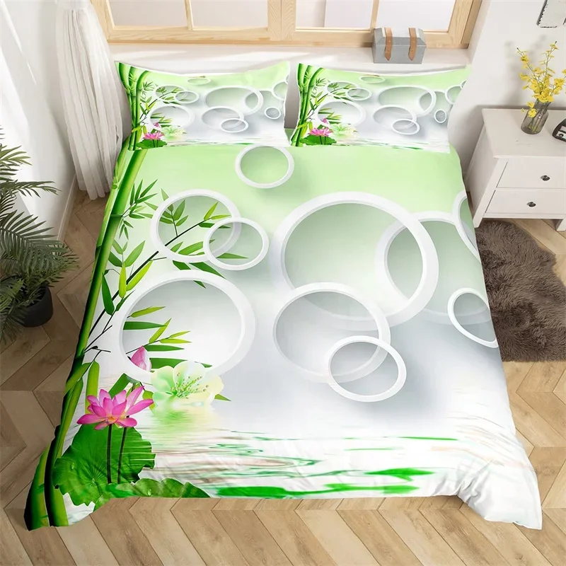 Meditation Duvet Cover Nature Green Bamboo Lotus Flower Bedding Set Circle Geometric Bedspread Cover Zen Spiritual Quilt Cover