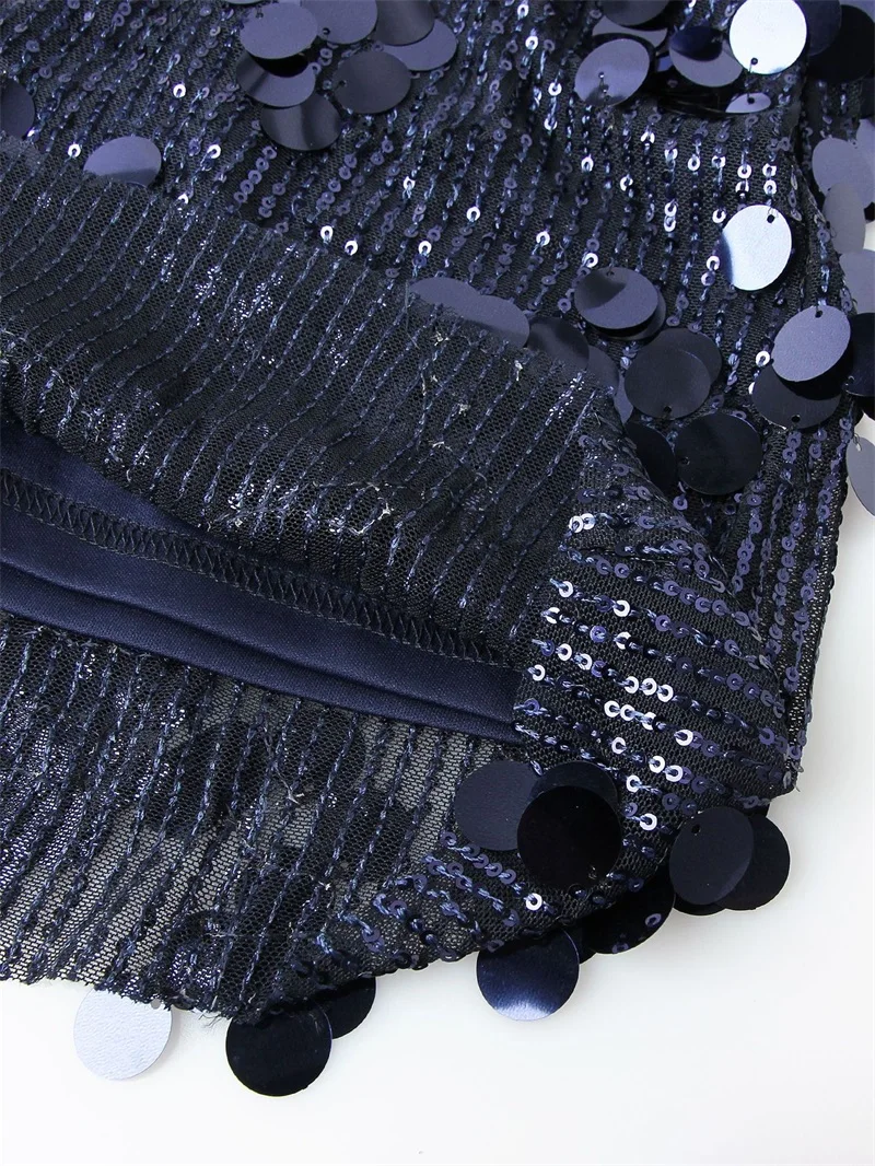 مثير الترتر الأزرق الداكن الرسن المرأة الخصر ضمادة فستان الدانتيل يصل عارية الذراعين قصيرة صغيرة 2025 ثوب موضة جديدة للحزب ، ملهى ليلي