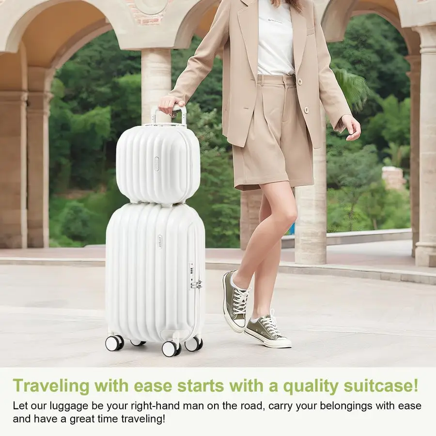 スピナーホイール付き、航空会社承認済みの荷物、ハードサイド20インチ機内持ち込みスーツケース、TSAロック付き2個セット、ホワイト
