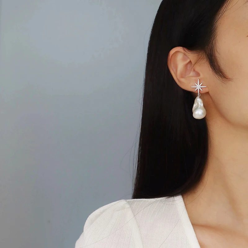 Powerful Presence Jewelry Large Natural Pearl Stud Earrings with 14K Gold-Filled Star and 14-16mm Random Shape Baroque Pearls