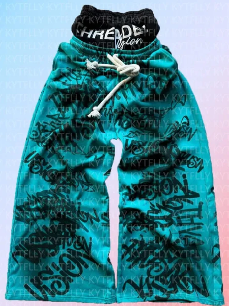 

Fake two pieces of 2025 summer new printed wide leg pants with spliced waistband casual campus trendy brand hip-hop pants