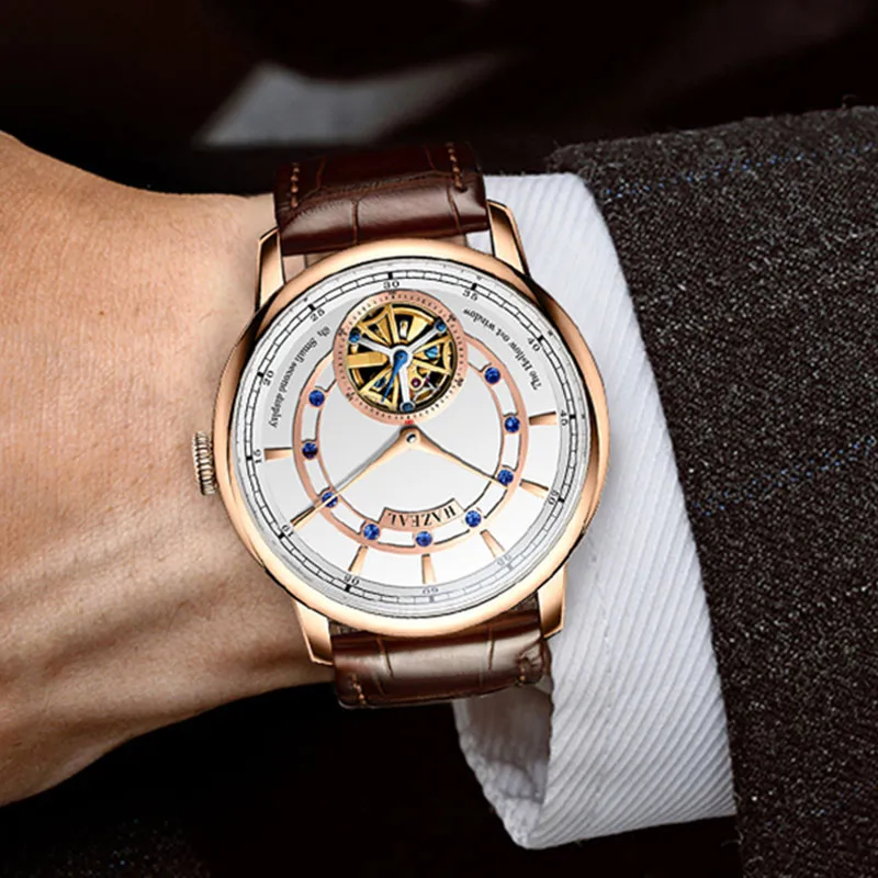 

Switzerland HAZEAL Men's Luxury Automatic Mechanical Watch Sapphire Dual Display 50M Waterproof Hollow out Diamond Clock 681320