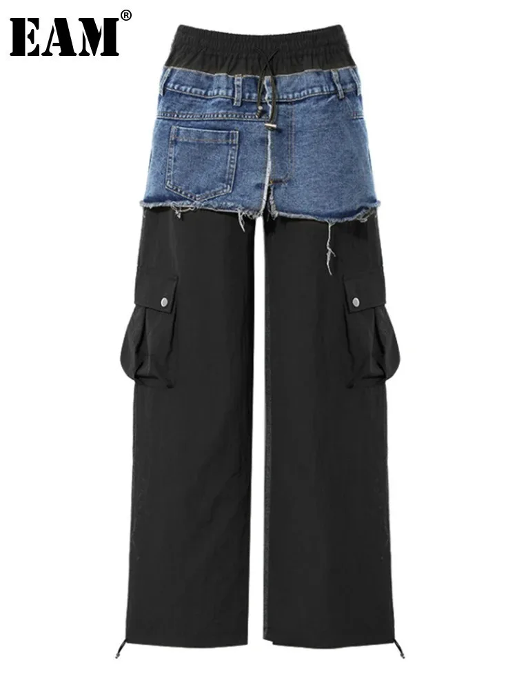 [EAM] High Waist Black Color-block Denim Burr Wide Leg Jeans New Women Trousers Fashion Tide Spring Autumn 2024 7AB3756