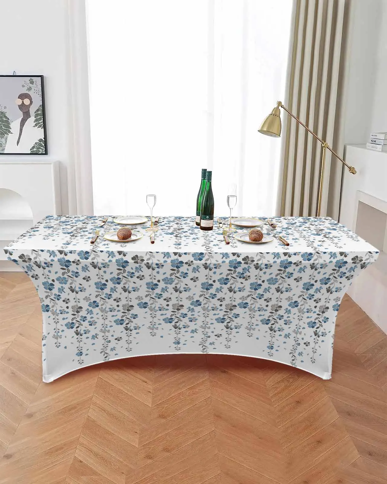 Blue Grey Flower Elastic Table Skirt Wedding Hotel Birthday Table Cover Buffet Table Tablecloth Decor