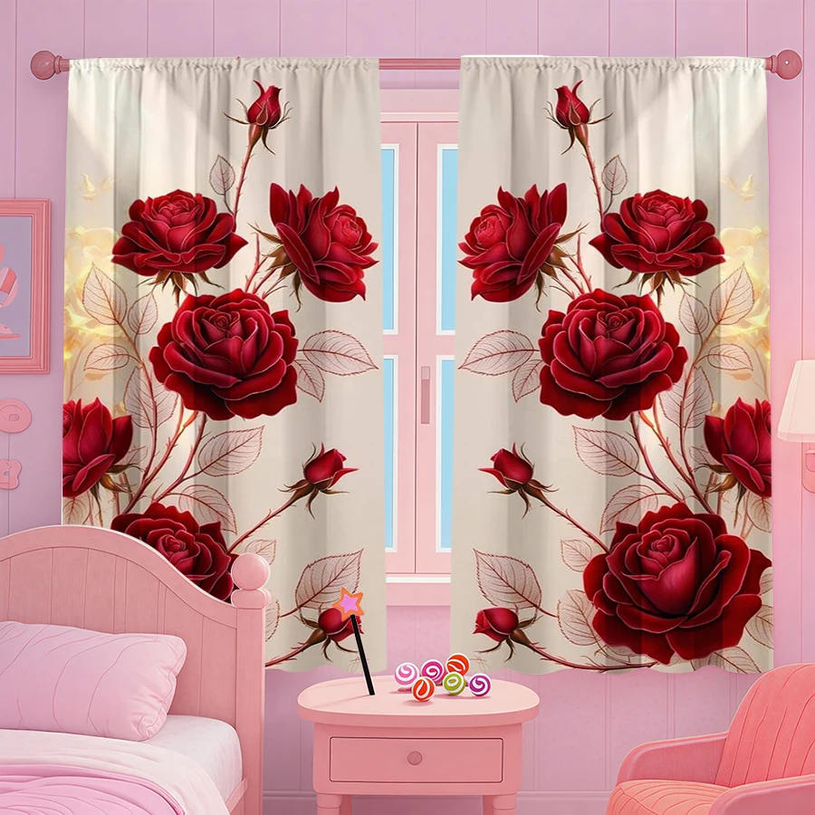 

2pcs Elegant Red Rose Curtains Romantic Floral Design Sheer Light-Filtering Fabric Living Room Bedroom Window Decor