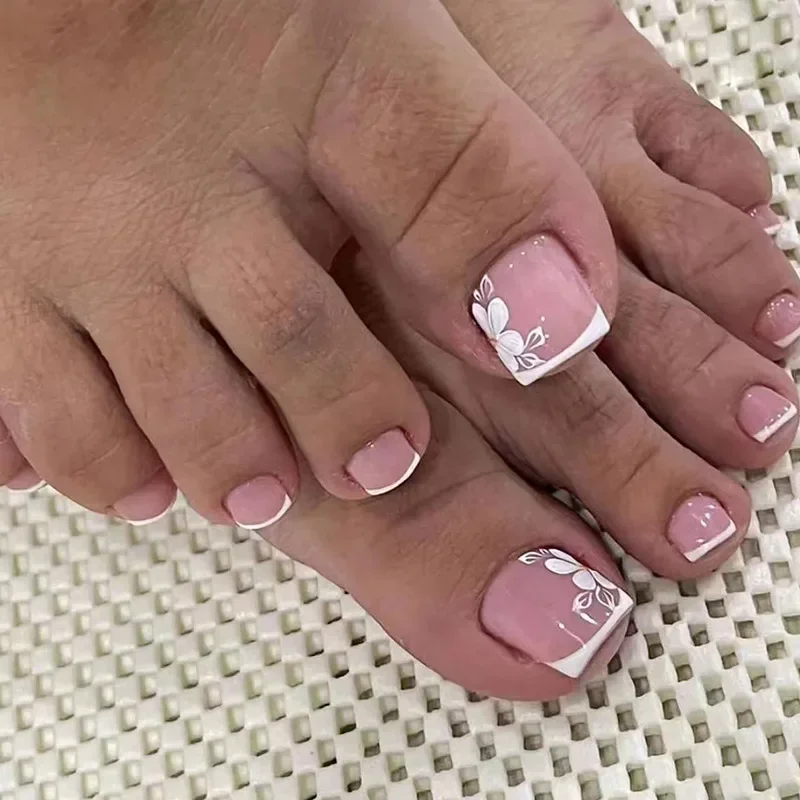 Simples imprensa francesa sobre unhas, strass flor falsa arte unhas ponta, nu branco forma curta unhas falsas, ferramenta de manicure, verão