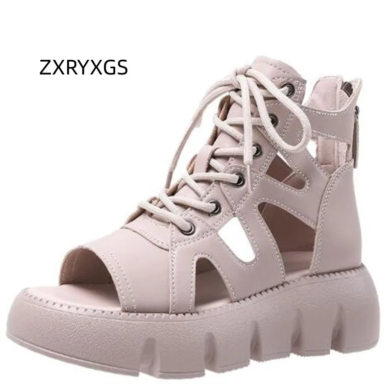 

ZXRYXGS 2024 Summer Cross Strap Superior Soft Pu Leather Roman Sandals Cool Boots High Top Platform Wedges Sandals Women Sandals