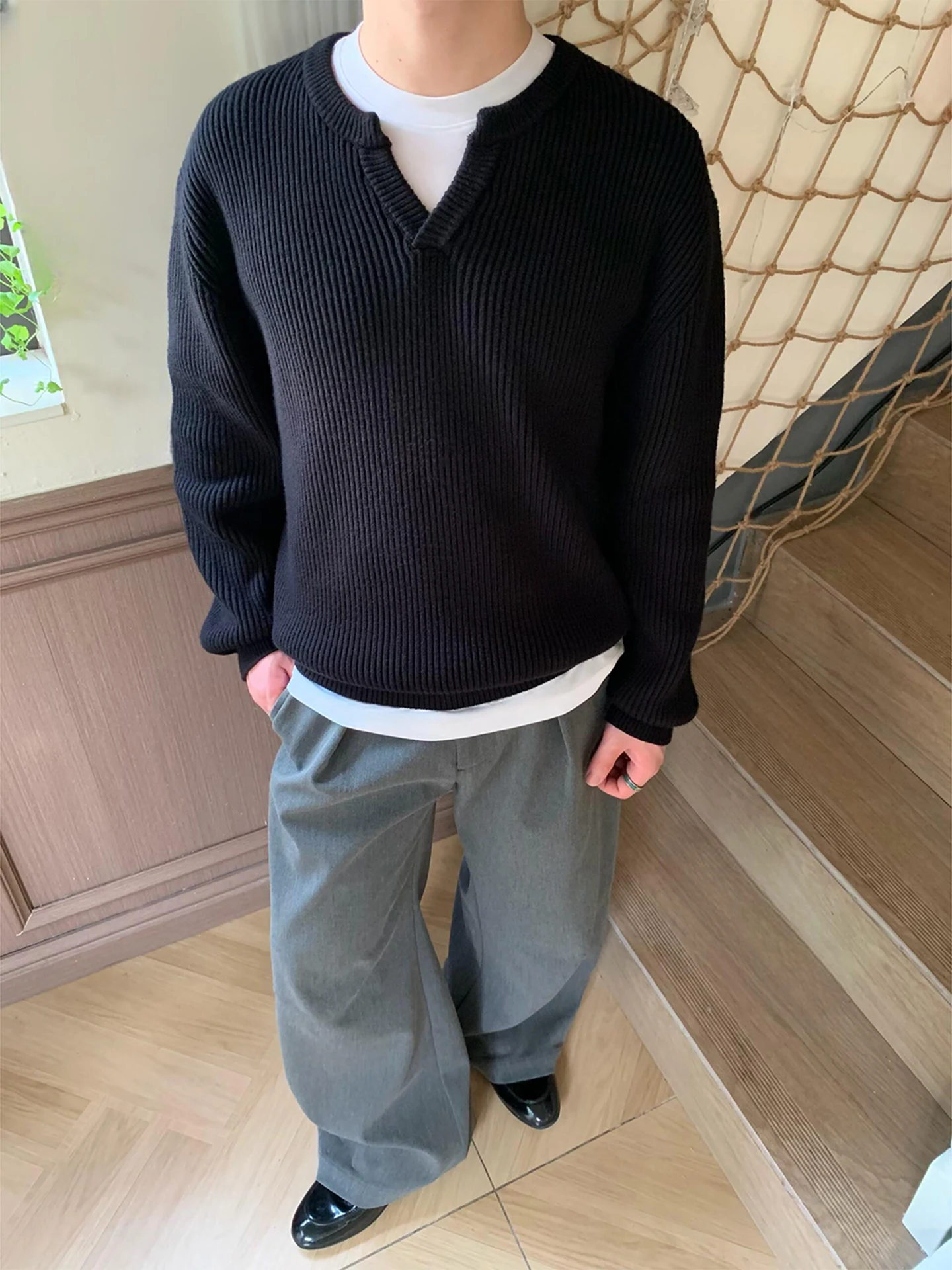 

Bla V-Ne Knitwear Men's Sle Retro American Lazy Inner Wear Sweater CleanFit Top Loose Fit Casual Long Sve Autumn Fas...