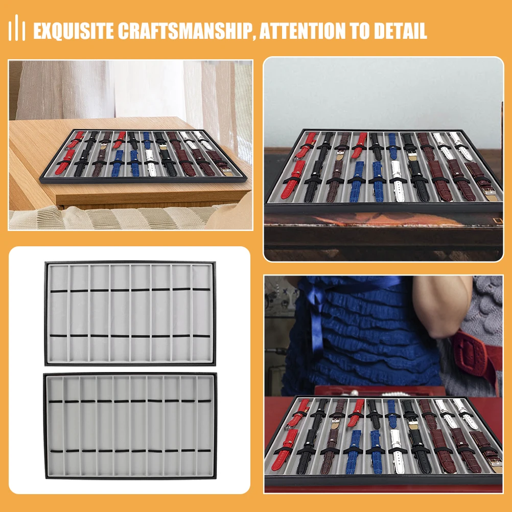 

2 pcs Watch Storage Tray Band Display Wrist Strap Holder Trays Black Edge Gray Velvet 8 Compartments Safe
