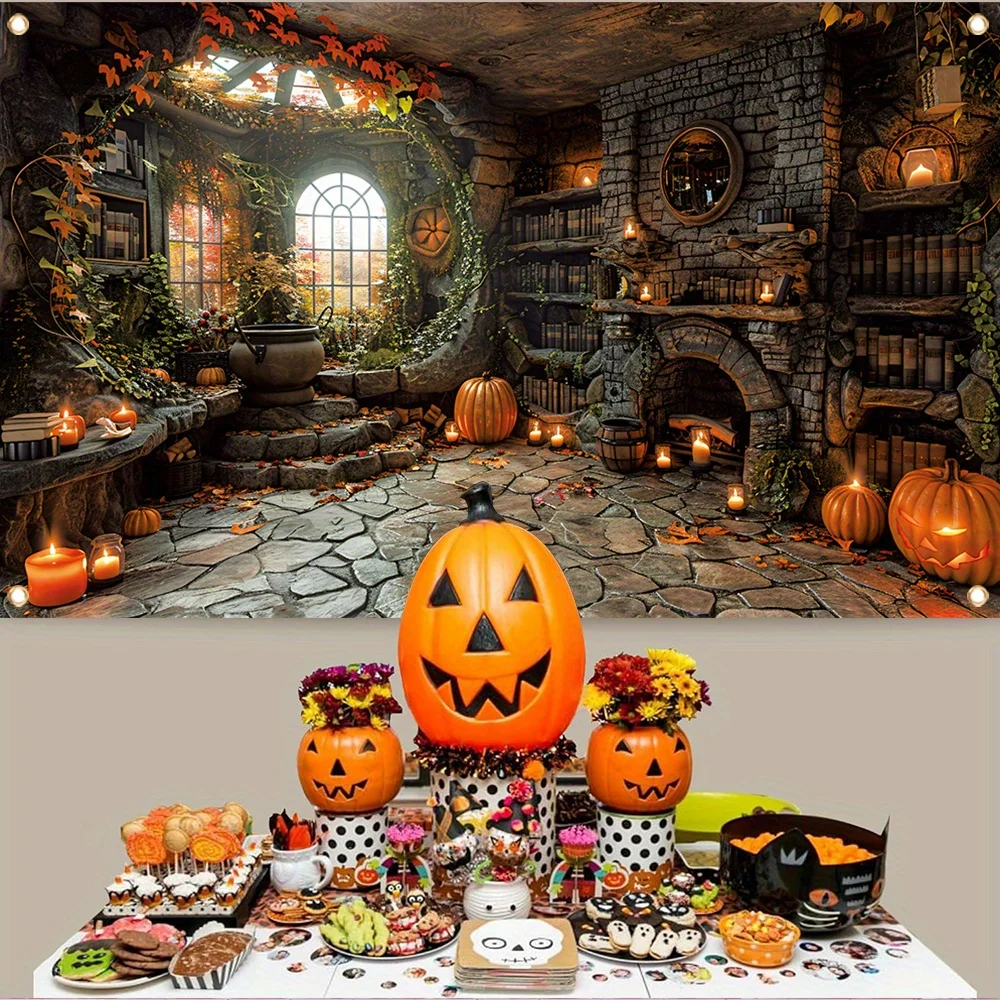 Magic bookshelf pumpkin lantern horror photography background, Halloween night ghost party photo booth supplies