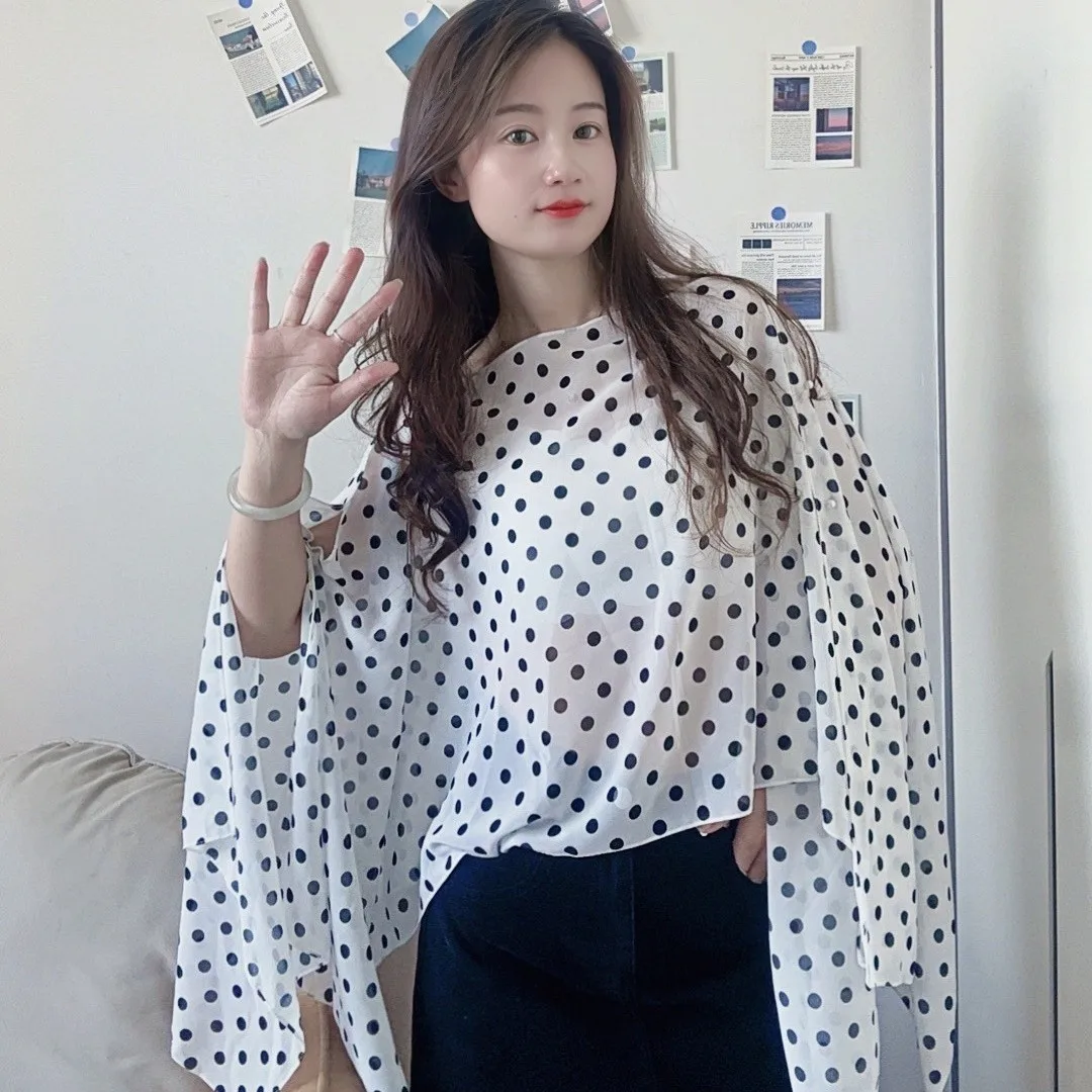 For outdoor Poncho photography wear fashionable polka dot printed shawl pullover sunscreen Cape and  slim-fitting top P2