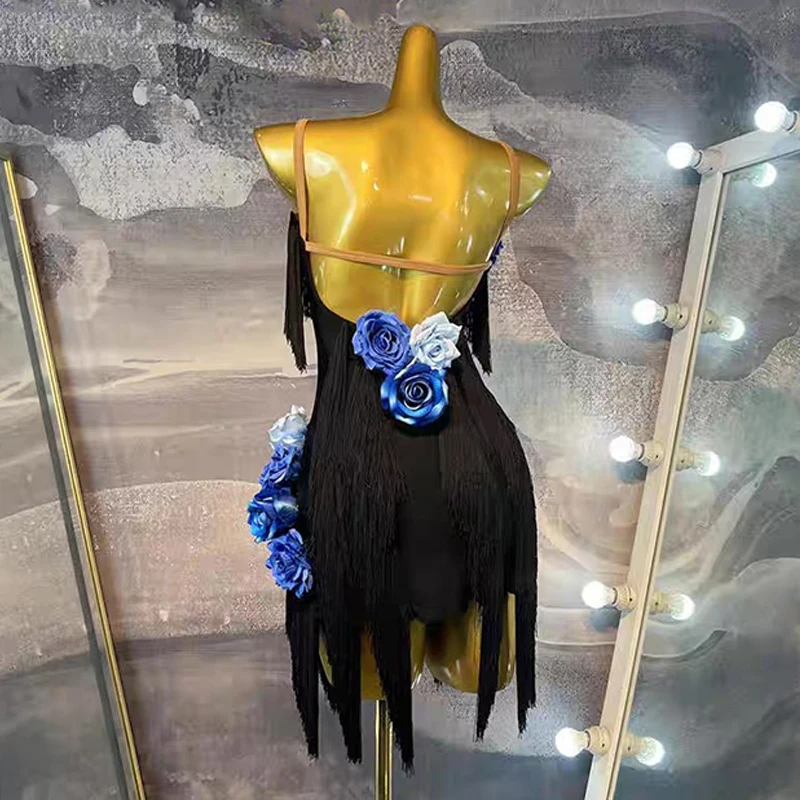 Latin Dans Kostuum Vrouwen Meisjes Bloem Fringe Zwarte Jurk Concurrentie Jurk Backless Cha Cha Samba Rumba Dans Kleding BL16831