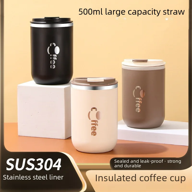 304 stainless steel coffee cup double-layer thermal insulation portable car with lid student High-looking gift straw water Cup