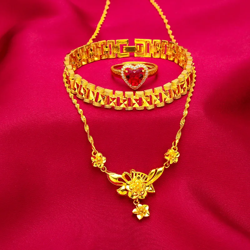 24K Gold Wedding Flower Women's Set, AU999 Pure - 3D Rose Style, Petal Texture + Light Flow, Neck-Wrist Wedding Accent