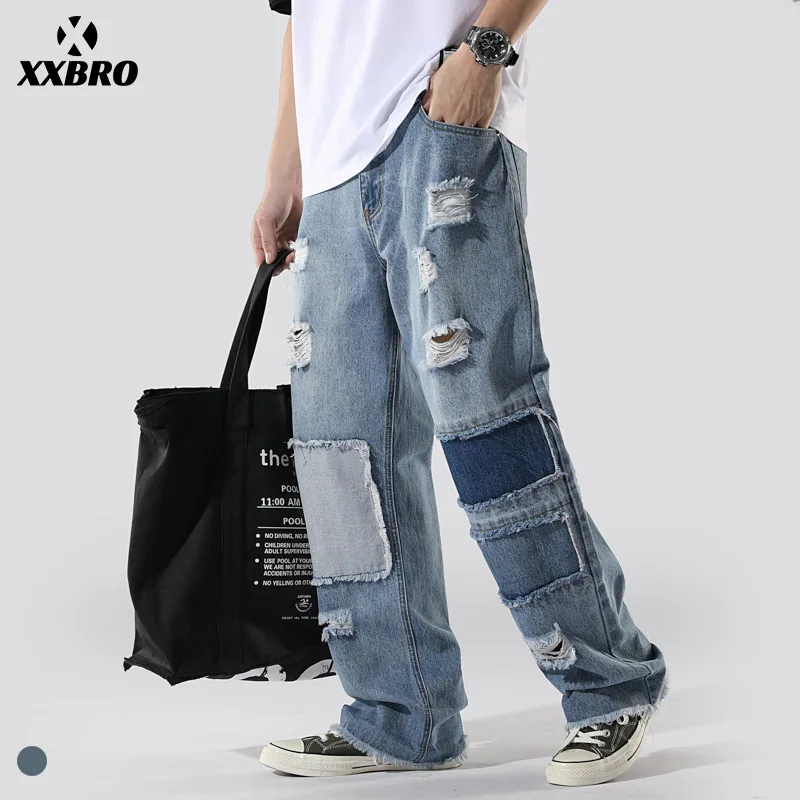 

European and American Men's Ripped Jeans, Loose Straight Tube, Distressed, Applique, and Hip-hop Long Pants with Fringed Edges