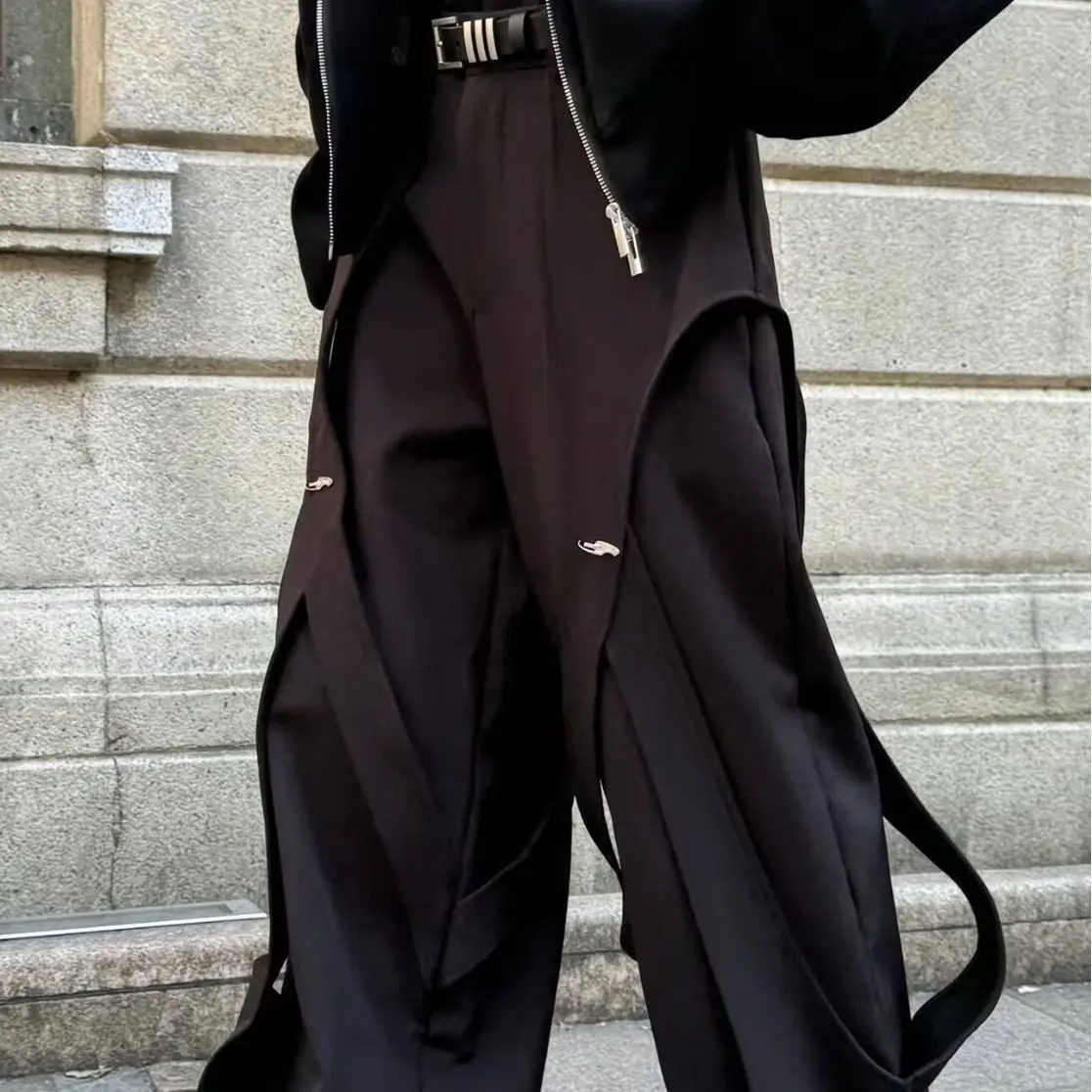 High Quality 2026 Splicing Black Trousers Men's Ruffian Handsome High-end Pants Straight and Slightly Pulled Floor Dress Pants