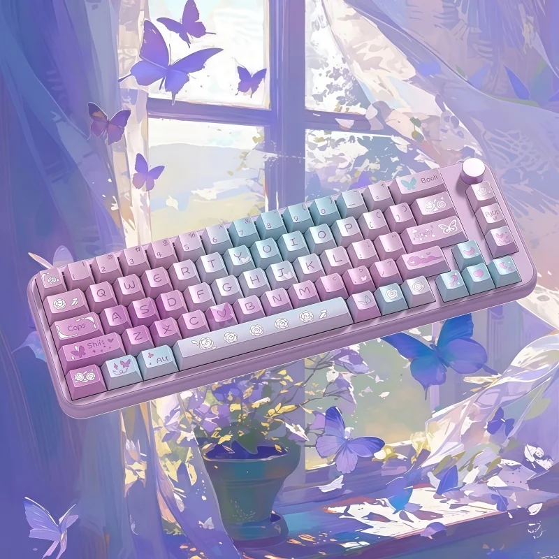 

Мечтательные фиолетовые колпачки для клавиш с бабочкой, оригинальные персонализированные колпачки для клавиш Cherry High PBT, пятисторонний комплект с термосублимацией