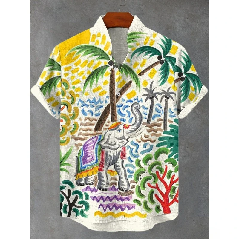 Ethnic Tribal Pattern Elephants and Leaves Printing Short Sleeve Shirt Cool Blouses Summer Stand Collar Shirts Men Hawaiian Tops