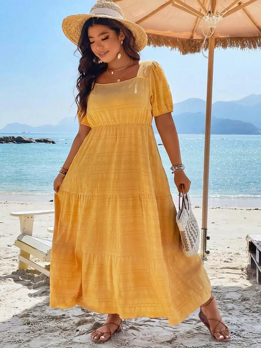 

Yellow Square Neck Puff Sleeve Tiered Hem Boho Maxi Dress For Women