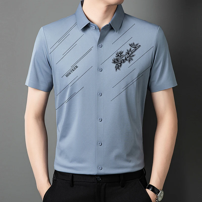 New 2024 Summer Men\'s Casual Printed Short Sleeved Shirt with New Quality Smooth and Comfortable  Silky and Wrinkle Resistant