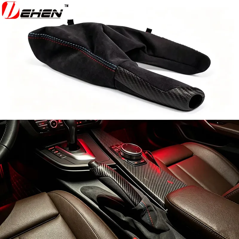 Alcantara Handbrake Handle with Carbon Fiber Gear Shift Knob Selector Trim For BMW F30 F31 F32 F33 F36 F80 F81 F82 F83 F84