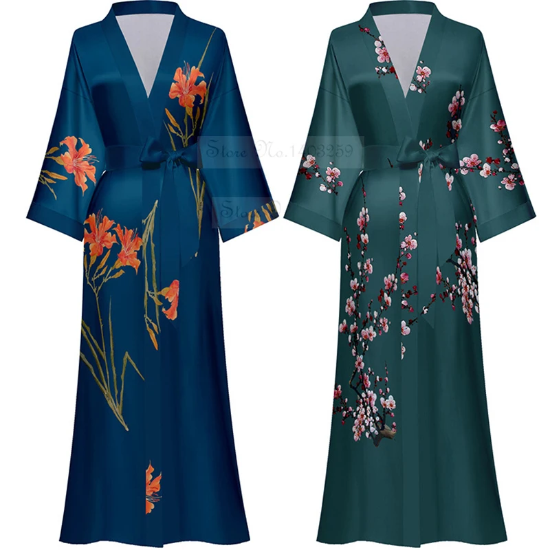 Print Flower Long Kimono Bathrobe Gown Sexy Women Half Sleeve Wedding Robe Nightgown Spring Summer Rayon Home Dress Sleepwear