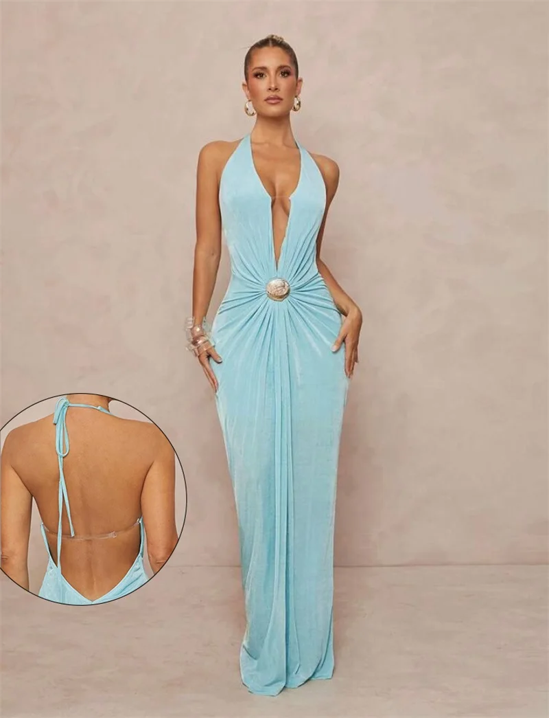 

Velvet Light Blue Prom Dress Sexy Halter Sleeveless Backless Formal Wedding Guest Robes Long Beach Holiday Party Bridal Gown