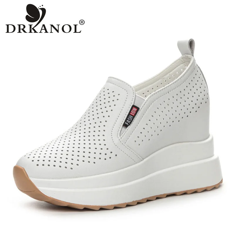 

DRKANOL, увеличивающая рост туфли 10 см, женские летние дышащие туфли без шнуровки из натуральной воловьей кожи на платформе, белые повседневные туфли на танкетке
