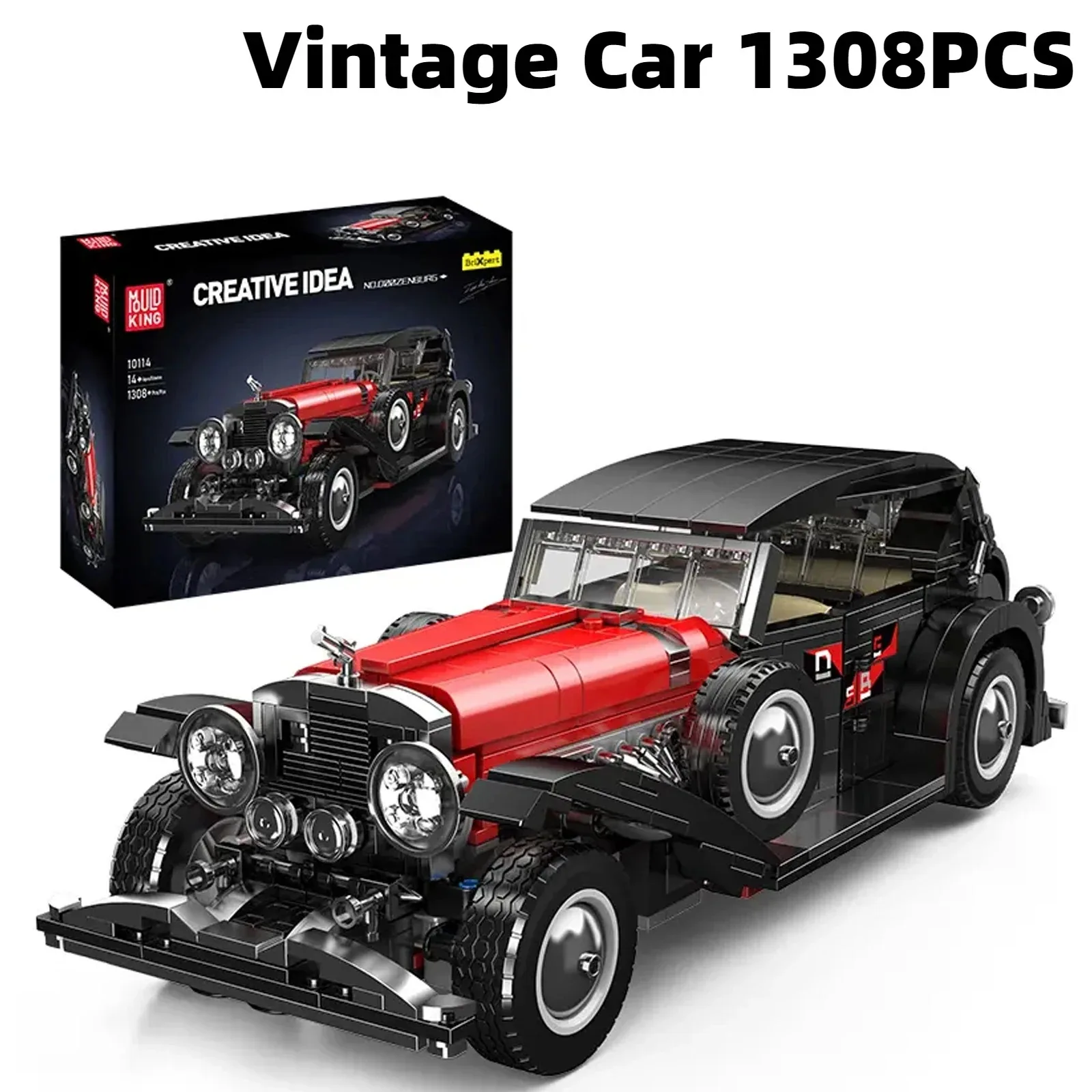 Mold King 10114 1308 stuks vintage auto bouwstenen set - rood technisch oldtime automodel voor volwassenen en kinderen kerstcadeau