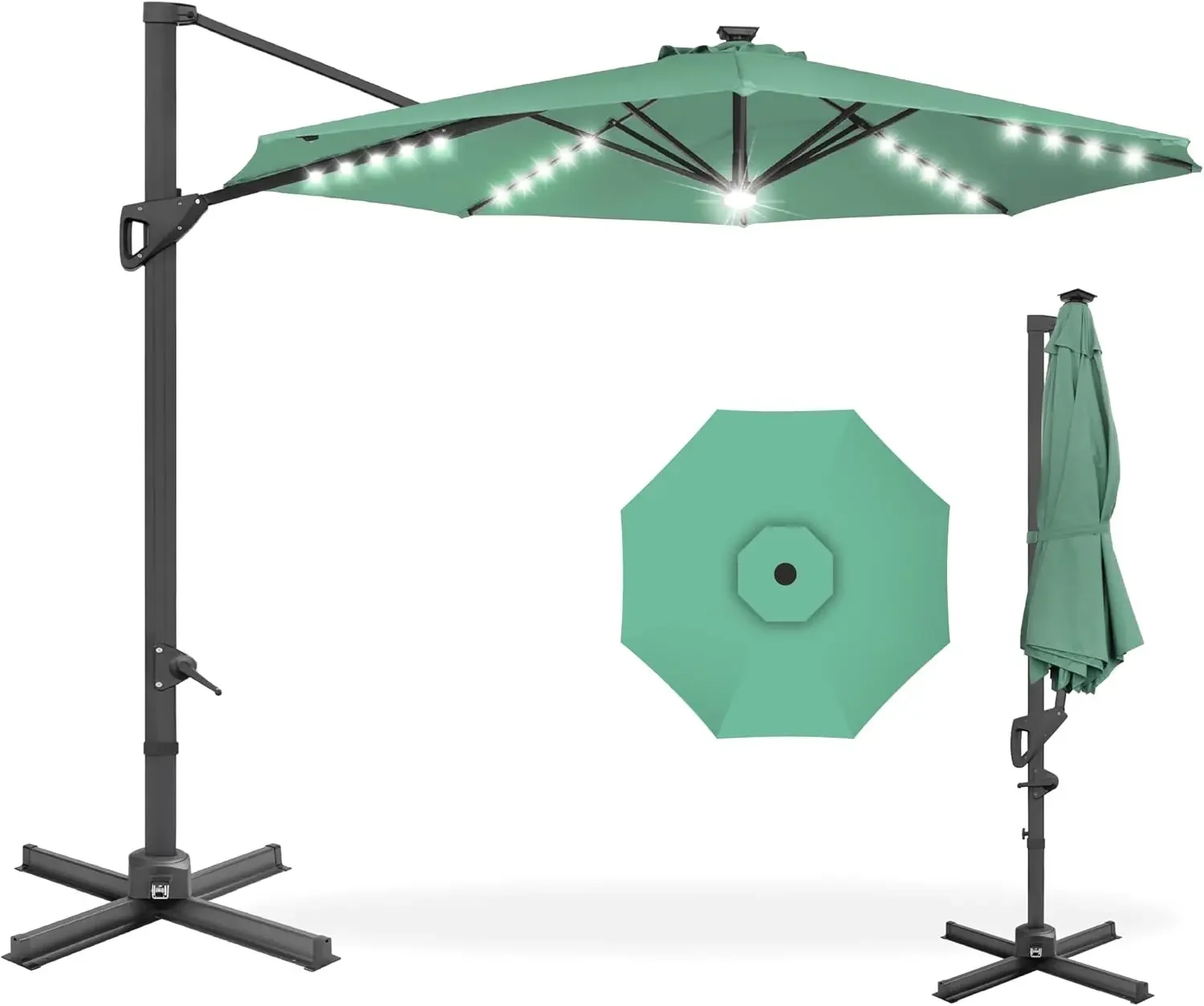 Best Choice Products 10ft Solar LED Cantilever Patio Umbrella, 360-Degree Rotation Hanging Offset Market Outdoor Sun Shade for B