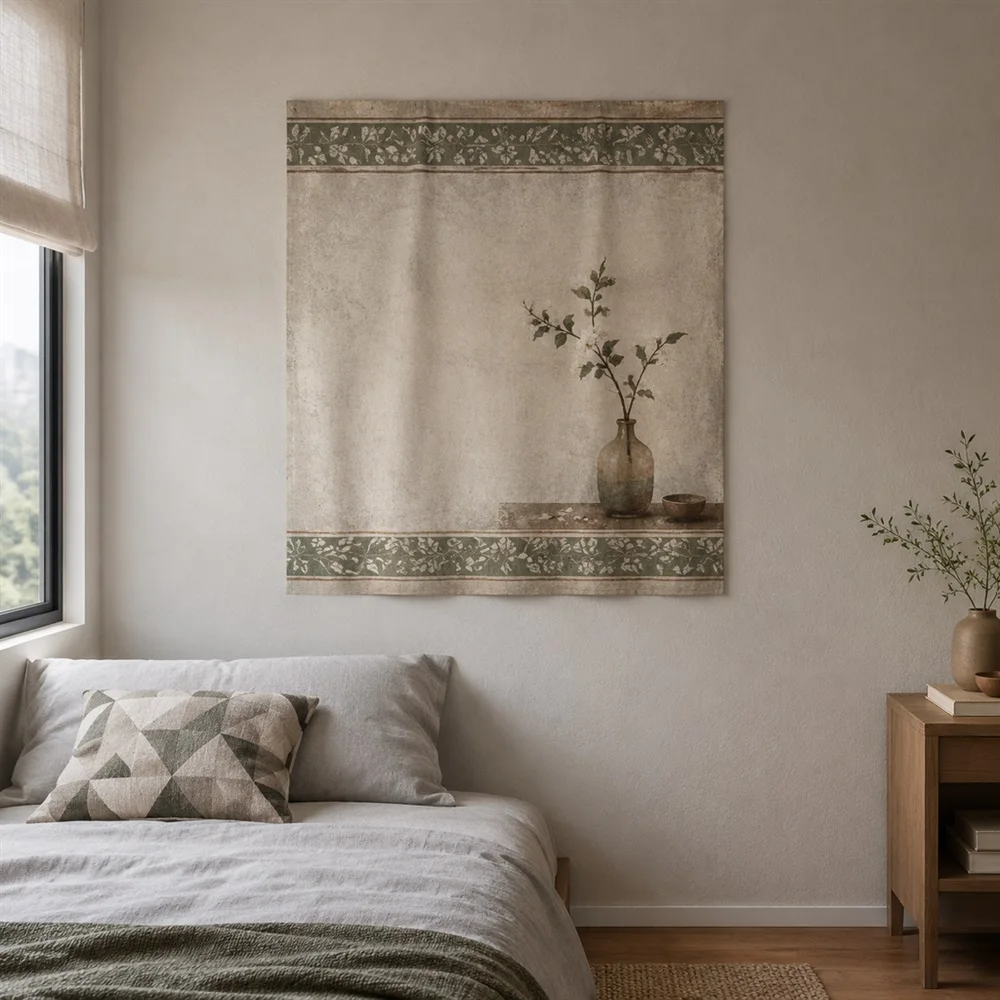 VIKAMA Single Branch Vase Twin Bands Tapestry Wall Hanging, Wabi Sabi Wall Decor Tapestries for Living Room Bedroom Office Study