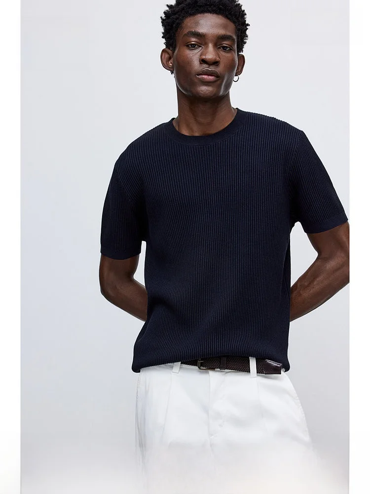 

Мужской трикотажный свитер H&M стандартного кроя, удобный, модный, с ребристой вязкой, короткий рукав, круглый вырез, цветной