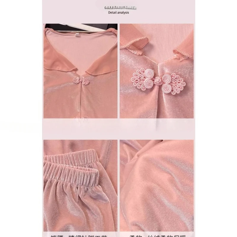 Frauen Frühling Herbst kleine Revers Spitze gekräuselt rosa Set von Home Wear außerhalb der neuen Stil Nachtwäsche Französisch süßen Samt Pyjama