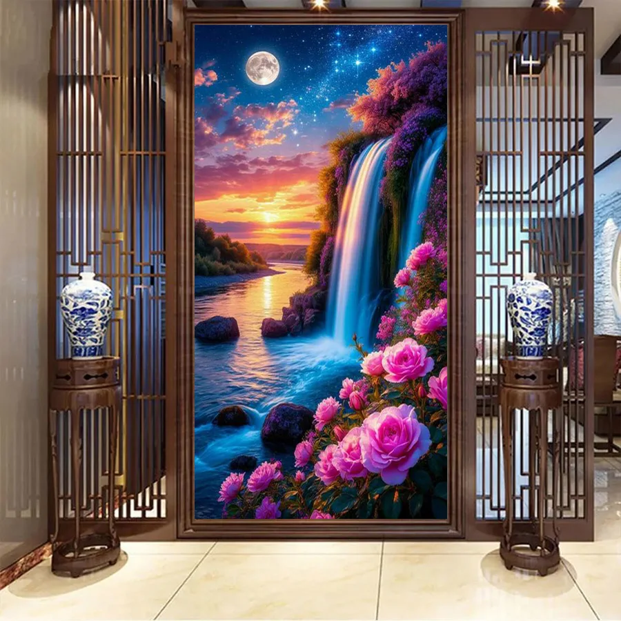 

Big Size Diy Diamond Art Painting New Collection Sunset Waterfall Flower Full Square Round Drill Mosaic Embroidery Picture