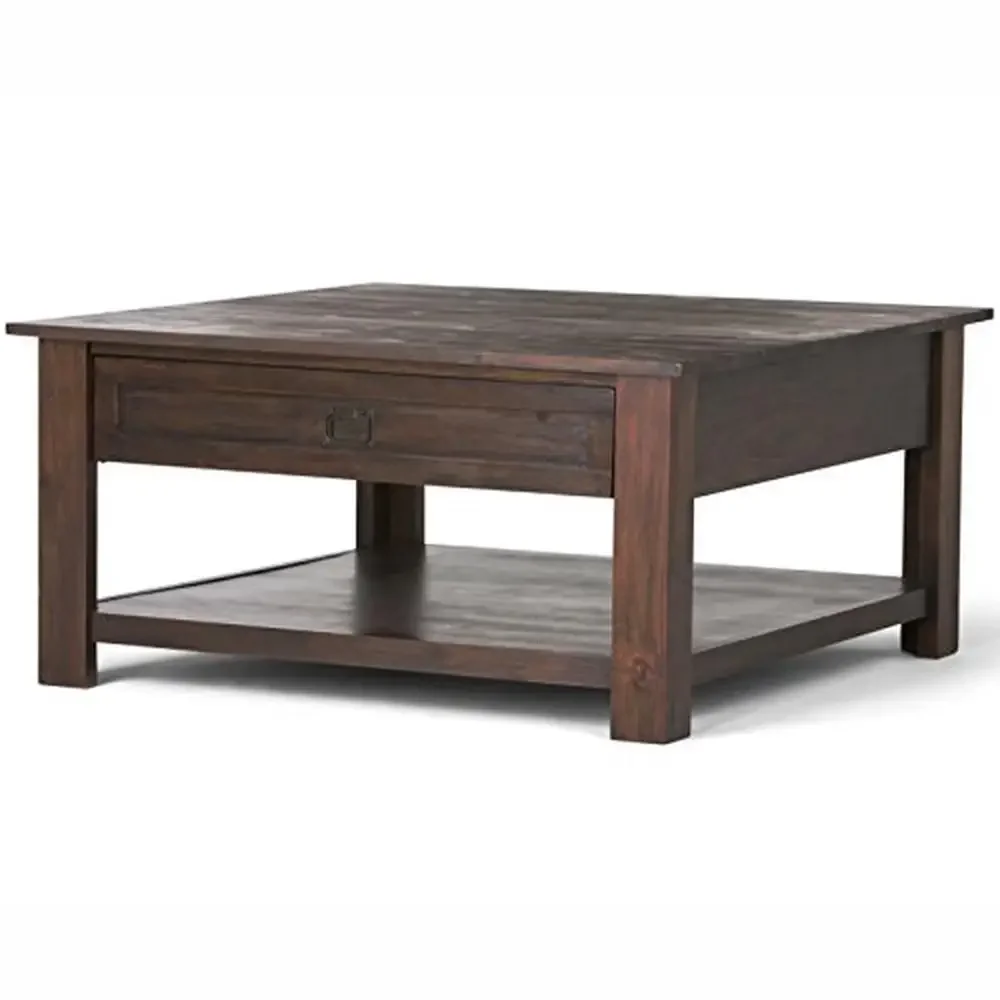 Mesa de centro multifuncional rústica de madera maciza de acacia de 38 pulgadas con cajones de almacenamiento y estante abierto color marrón carbón desgastado