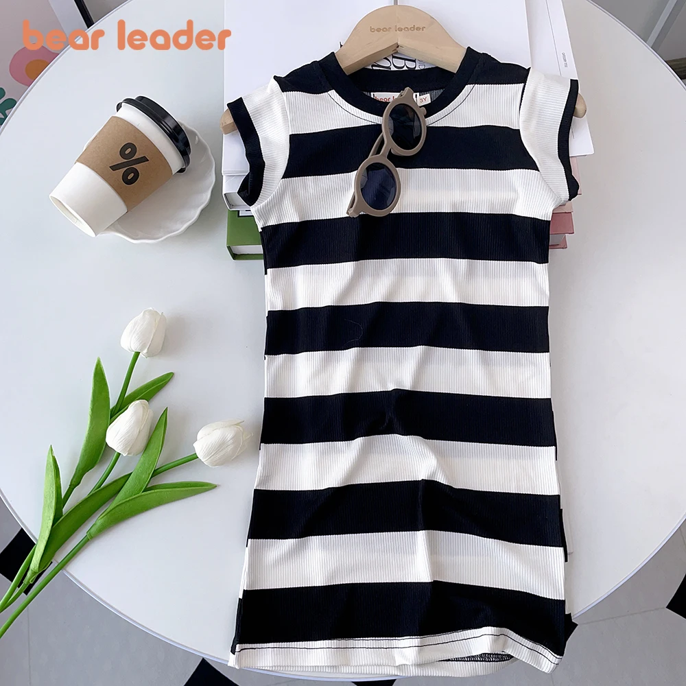 Bear Leader Baby Girl Dress Girls Sleeveless Striped A-Line Dress Summer New Girl Crew Neck Cute Princess Dresses Kids Clothes