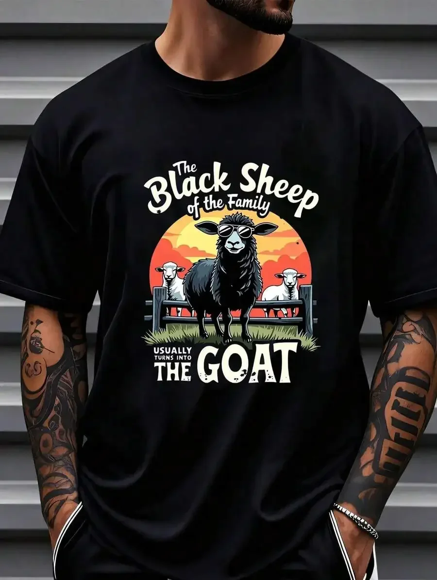 Plus Size[Printed T-Shirt] Black Sheep Family Goat T-Shirt| Casual Round-Neck T-Shirt, Machine Washable, For