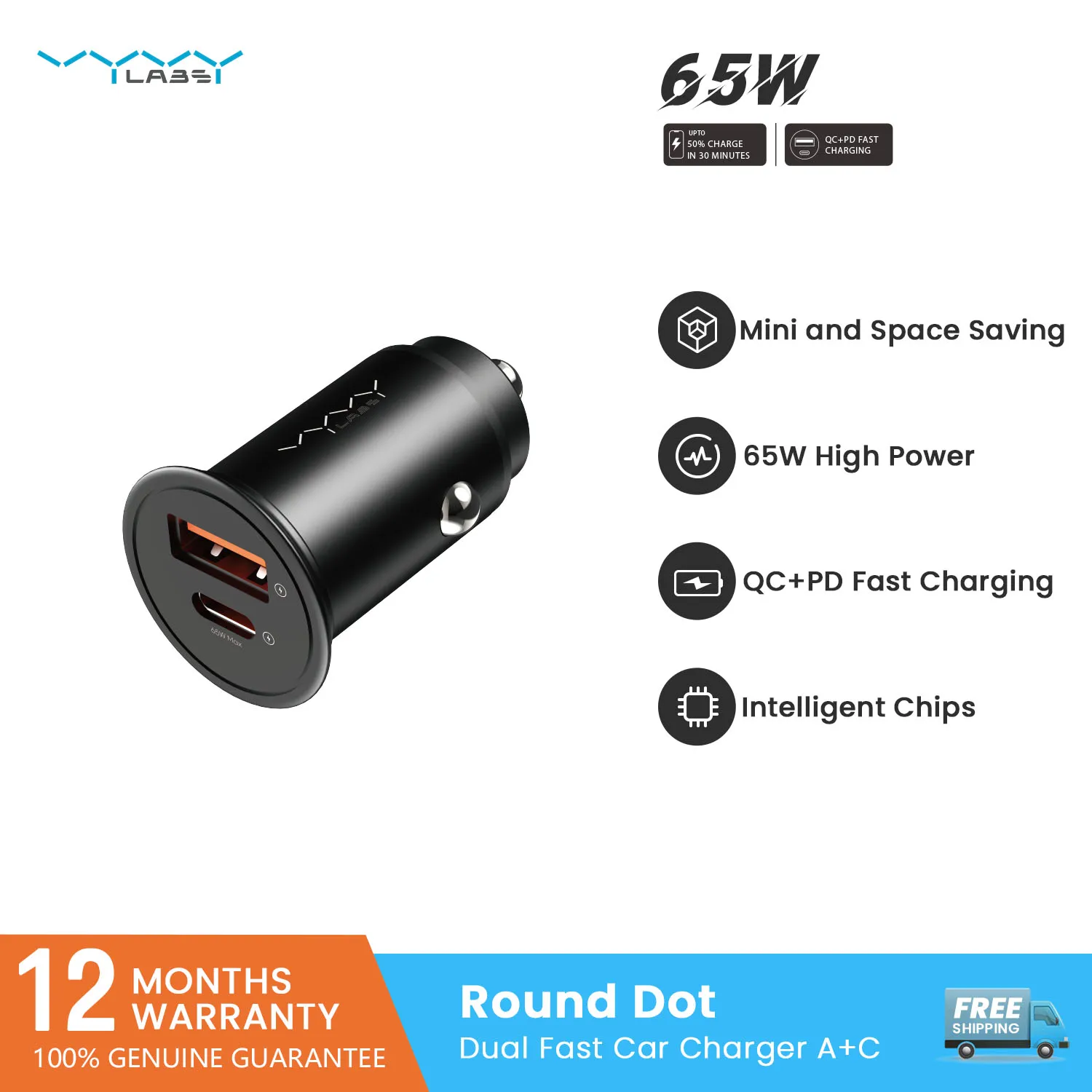 Vyvylabs 65W Auto-Ladegerät aus Zinklegierung, Mini USB-A Typ-C Schnellladegerät, DC12V-24V, max. 65W für iPhone 17, Samsung, Huawei