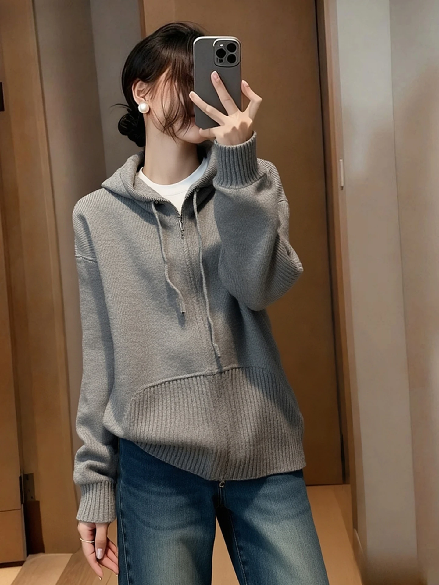 

Casual Chic Versatile Long Sve Knitted Sweater Winter Design Zipper Hooded Camere Sweater European Sle Faionable All...