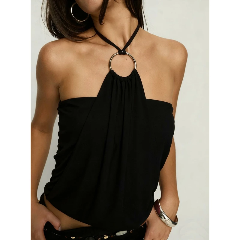 Women's Lace-up Halter Choker Neck Tops Metal Ring Front Slim Fit Solid Color Backless Vest Summer Sleeveless Shirts