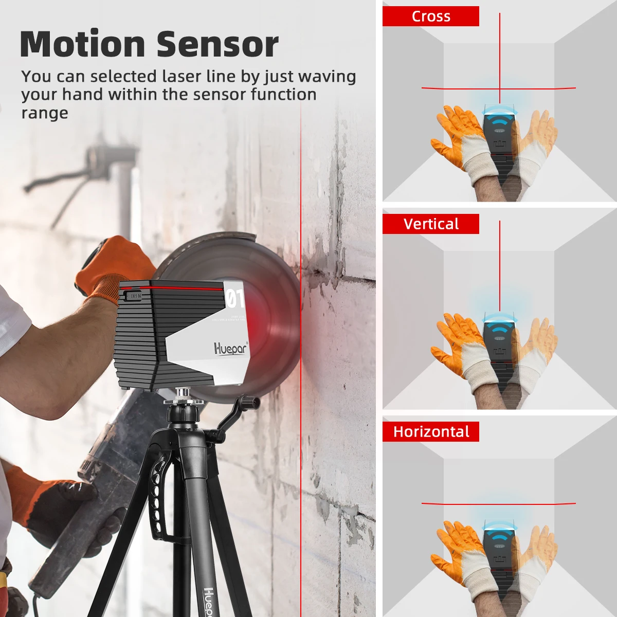 Huepar 2 Lines Motion Sensor Laser Level Self-Leveling Vertical Horizontal Cross Lines Rechargeable Battery Laser Alignment Tool