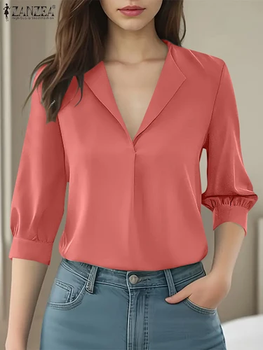 Imagen 2 del producto 2025 ZANZEA camisa de moda de verano Blusas de oficina para mujer elegante cuello en V manga 3/4 trabajo OL Blusas Casual sólido Tops de fiesta túnica