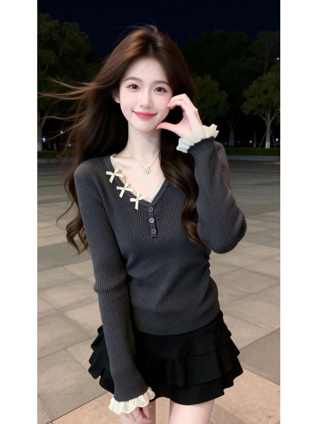 

Корейский модный трикотажный топ с V-образным вырезом, облегающий, для молодых женщин, уникальный, красивый, маленького размера, весенний сезон