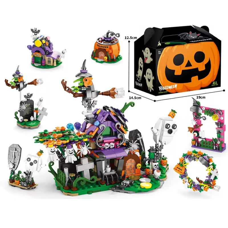 6IN1 Halloween Building Block Set Pumpkin Ghost House Educational Building Blocks Set Toys Boys Kids Children's Halloween Gifts