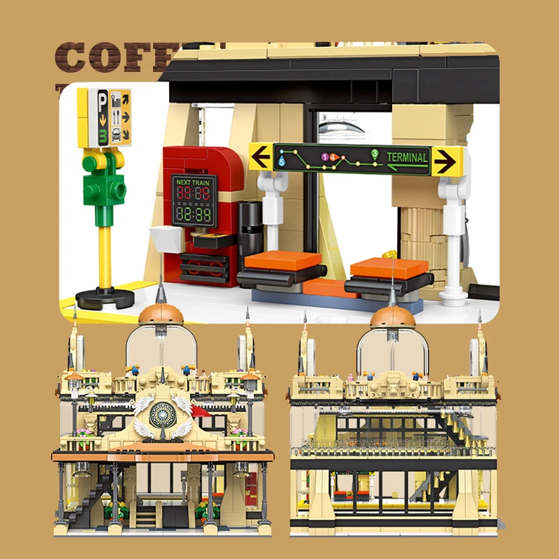 Ensemble de blocs de construction de gare créative, LED, vue sur la rue, maison ferroviaire, briques MOC, jouets pour enfants, cadeaux de noël pour adultes, bricolage